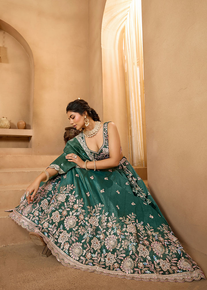 Buy Now Designer Green Wedding Style Tissue Lehenga Choli Online in US, UK, Canada, France, Italy, Germany, Sweden, Denmark, Greece, UAE & Worldwide at Empress.