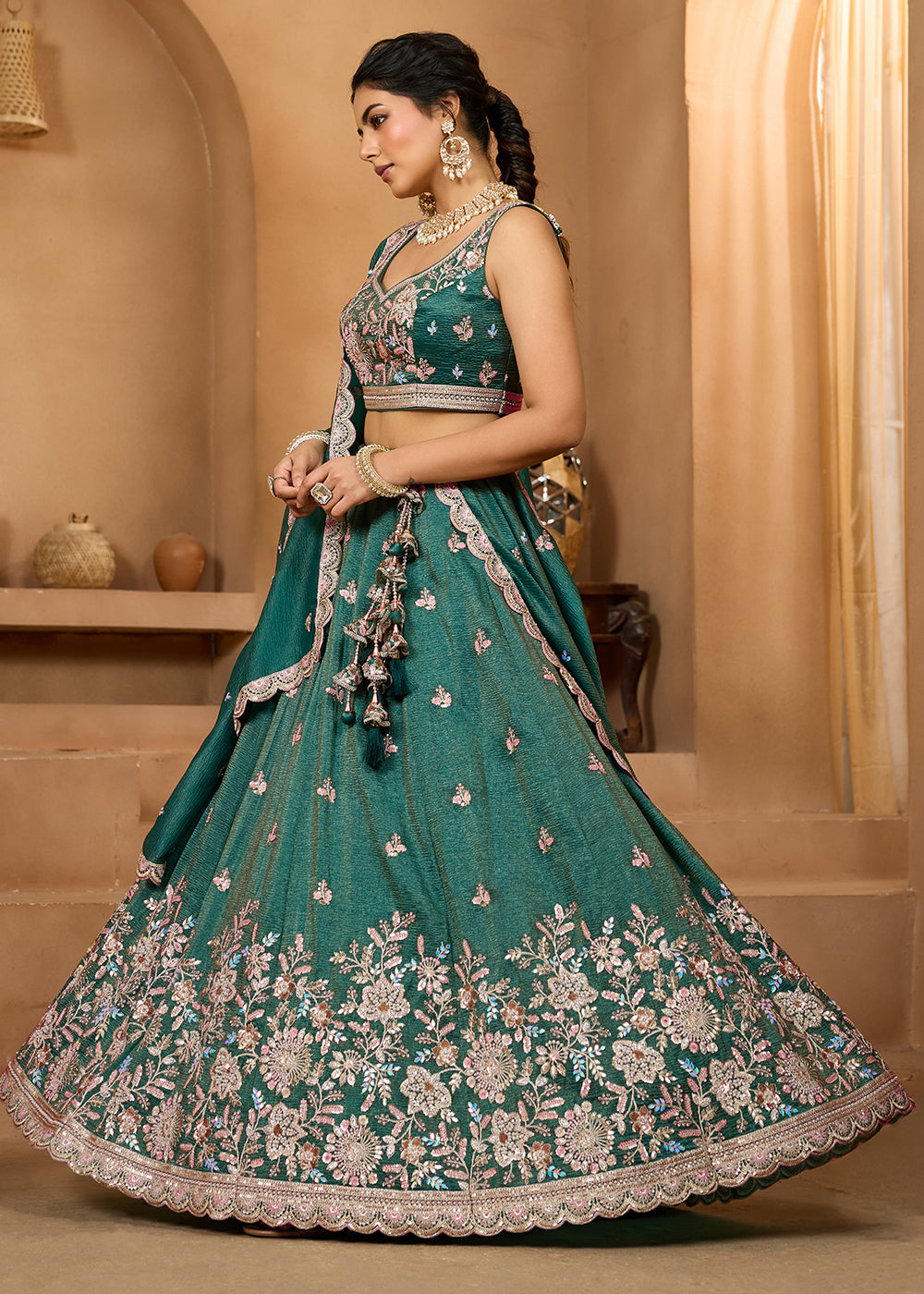Buy Now Designer Green Wedding Style Tissue Lehenga Choli Online in US, UK, Canada, France, Italy, Germany, Sweden, Denmark, Greece, UAE & Worldwide at Empress.