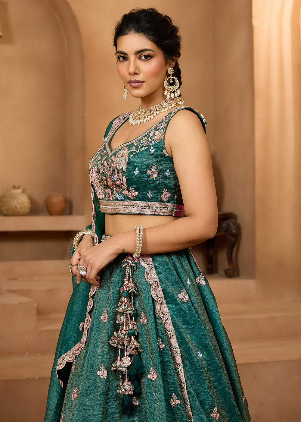 Buy Now Designer Green Wedding Style Tissue Lehenga Choli Online in US, UK, Canada, France, Italy, Germany, Sweden, Denmark, Greece, UAE & Worldwide at Empress.