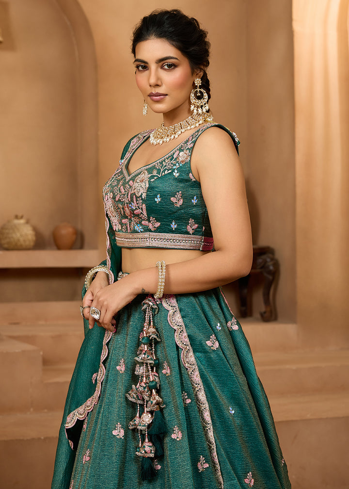 Buy Now Designer Green Wedding Style Tissue Lehenga Choli Online in US, UK, Canada, France, Italy, Germany, Sweden, Denmark, Greece, UAE & Worldwide at Empress.