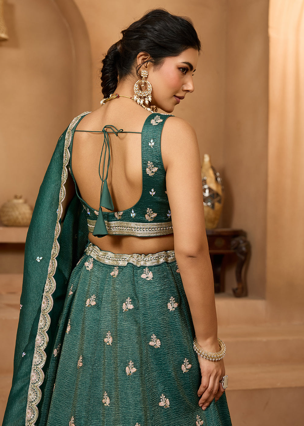 Buy Now Designer Green Wedding Style Tissue Lehenga Choli Online in US, UK, Canada, France, Italy, Germany, Sweden, Denmark, Greece, UAE & Worldwide at Empress.