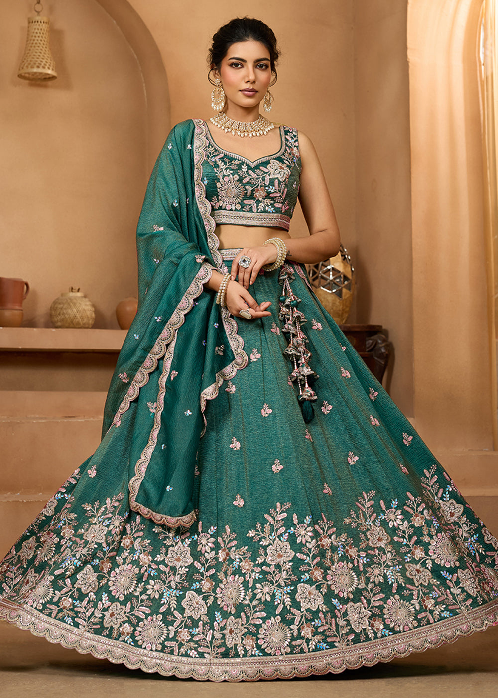 Buy Now Designer Green Wedding Style Tissue Lehenga Choli Online in US, UK, Canada, France, Italy, Germany, Sweden, Denmark, Greece, UAE & Worldwide at Empress.