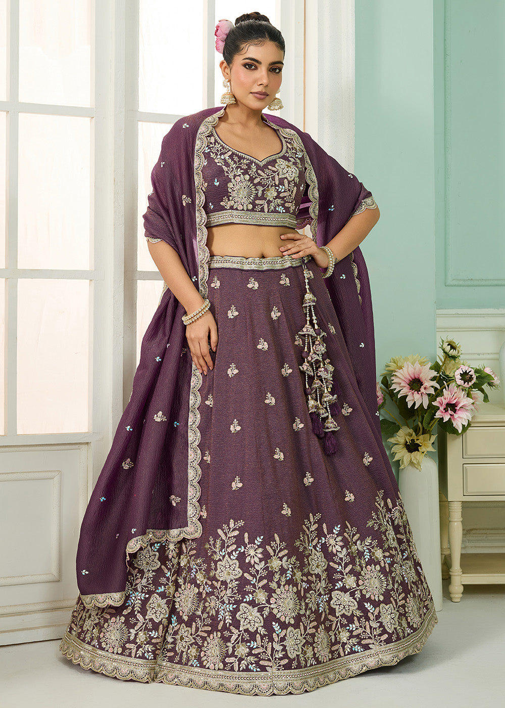 Buy Now Designer Purple Wedding Style Tissue Lehenga Choli Online in US, UK, Canada, France, Italy, Germany, Sweden, Denmark, Greece, UAE & Worldwide at Empress.
