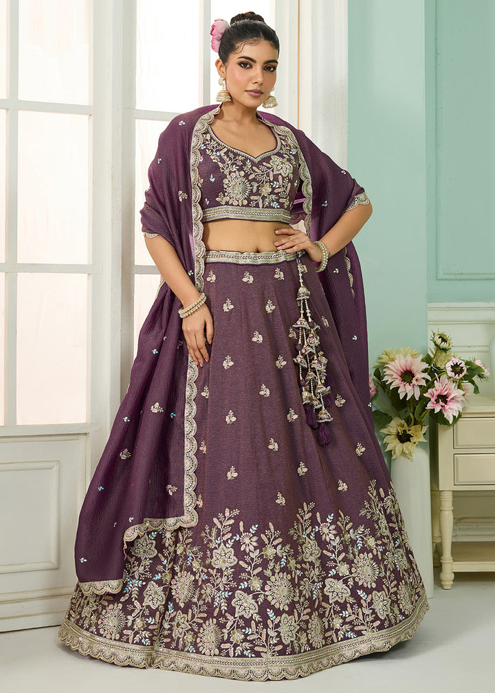 Buy Now Designer Purple Wedding Style Tissue Lehenga Choli Online in US, UK, Canada, France, Italy, Germany, Sweden, Denmark, Greece, UAE & Worldwide at Empress.