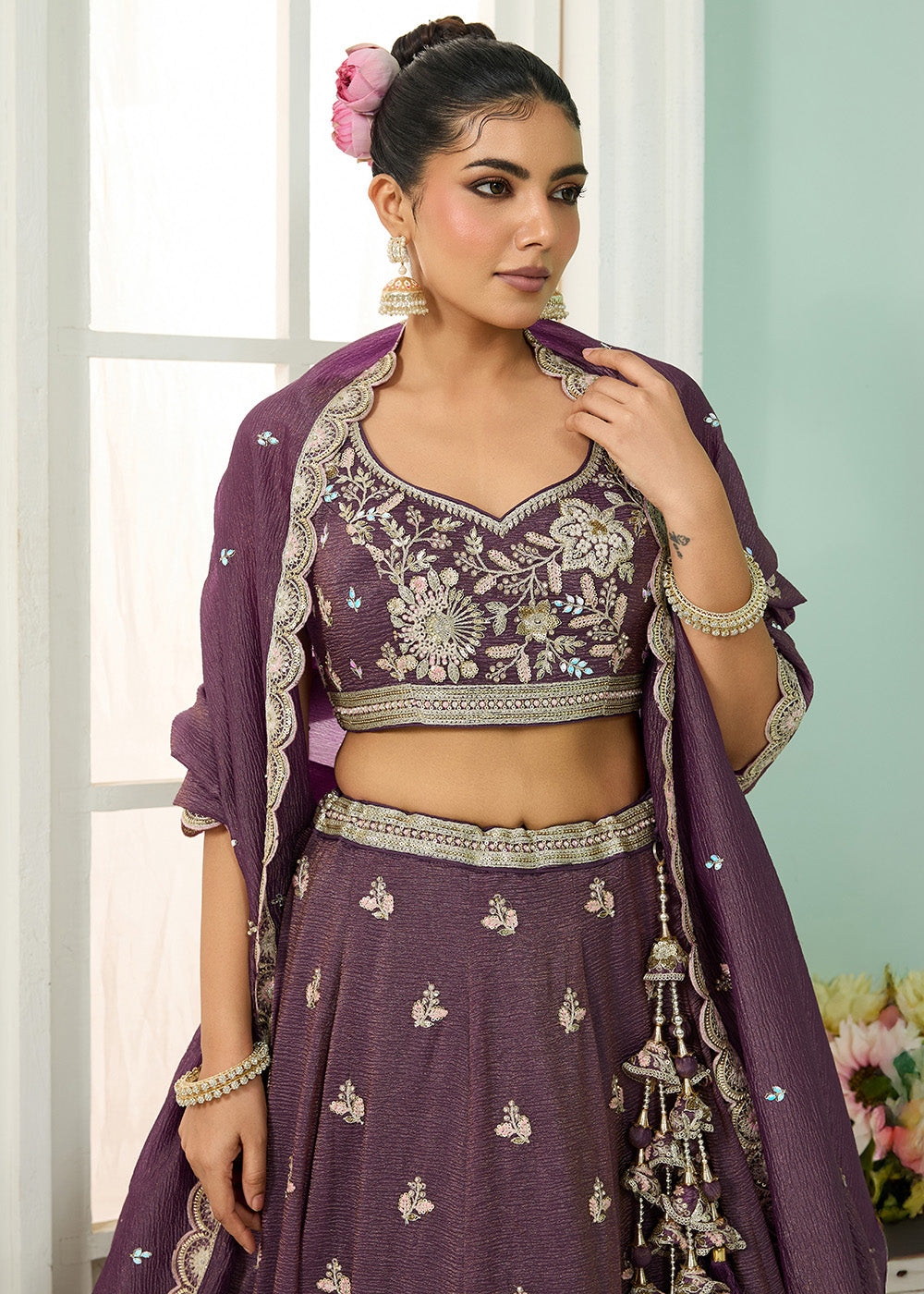 Buy Now Designer Purple Wedding Style Tissue Lehenga Choli Online in US, UK, Canada, France, Italy, Germany, Sweden, Denmark, Greece, UAE & Worldwide at Empress.