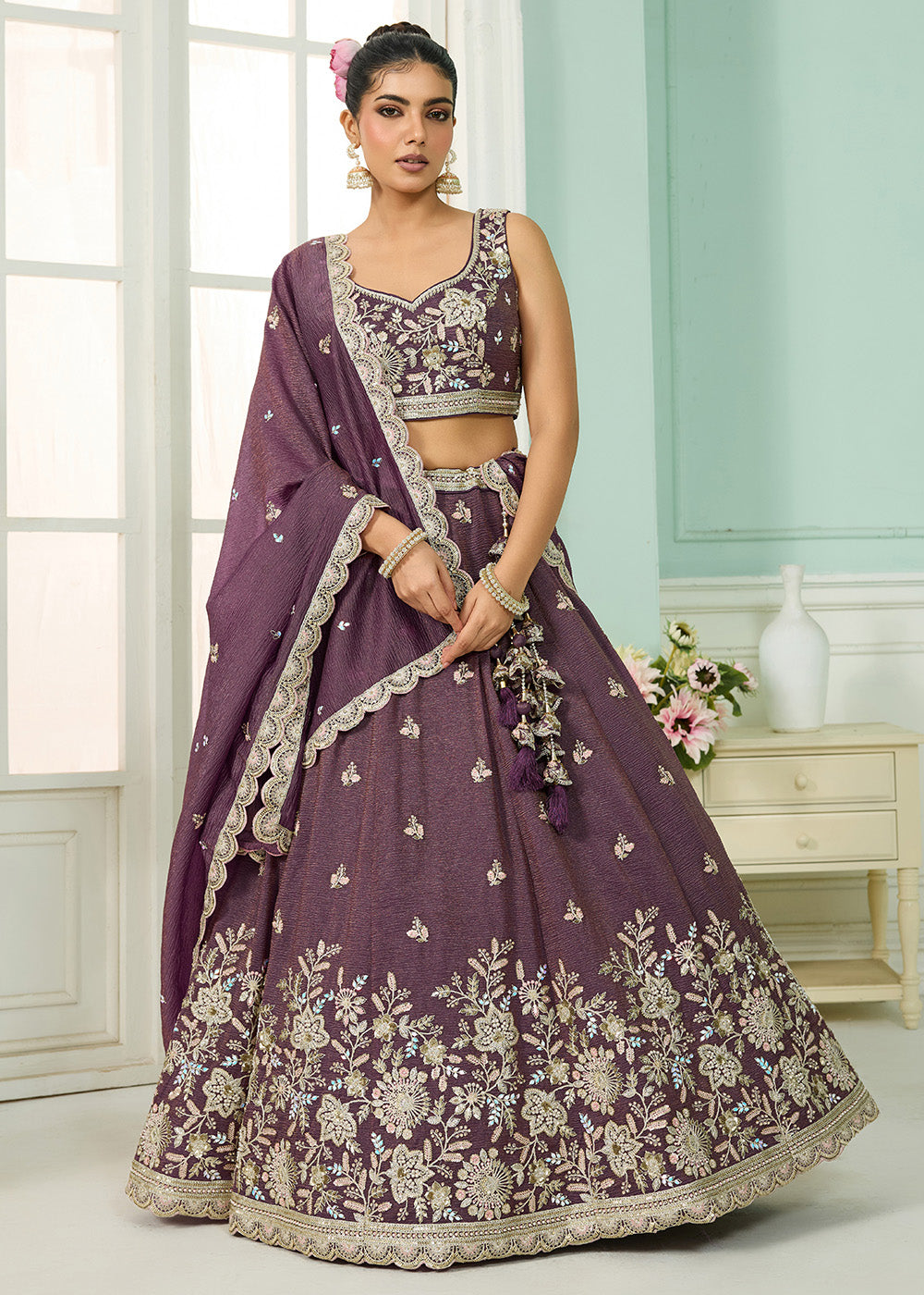 Buy Now Designer Purple Wedding Style Tissue Lehenga Choli Online in US, UK, Canada, France, Italy, Germany, Sweden, Denmark, Greece, UAE & Worldwide at Empress.