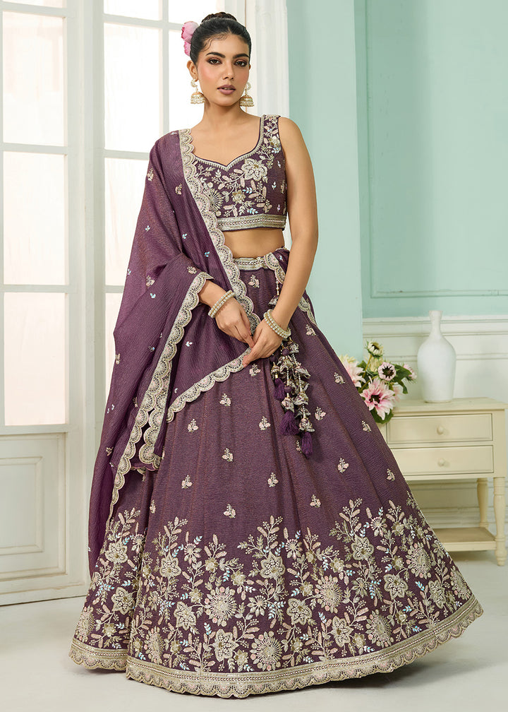 Buy Now Designer Purple Wedding Style Tissue Lehenga Choli Online in US, UK, Canada, France, Italy, Germany, Sweden, Denmark, Greece, UAE & Worldwide at Empress.