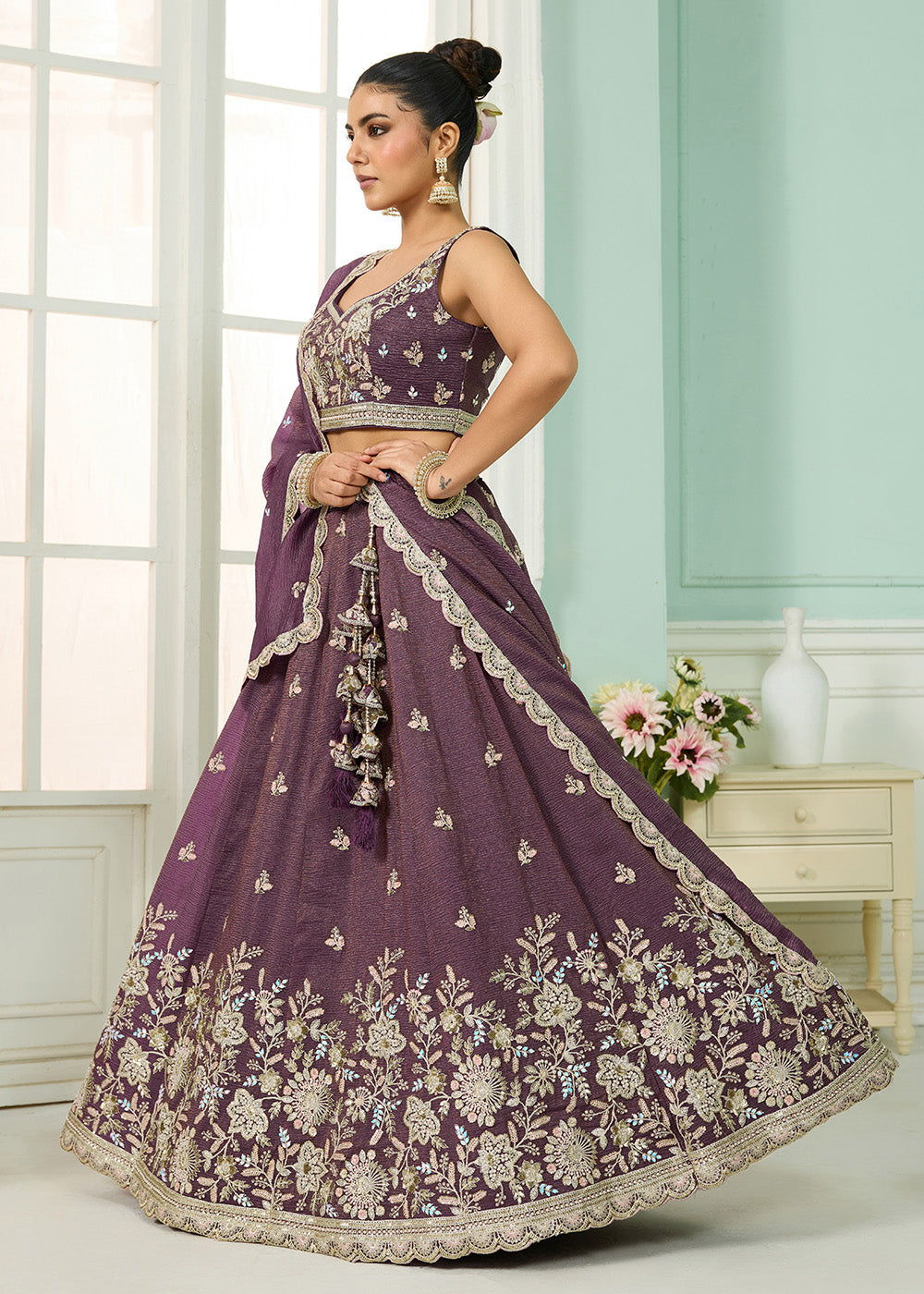 Buy Now Designer Purple Wedding Style Tissue Lehenga Choli Online in US, UK, Canada, France, Italy, Germany, Sweden, Denmark, Greece, UAE & Worldwide at Empress.