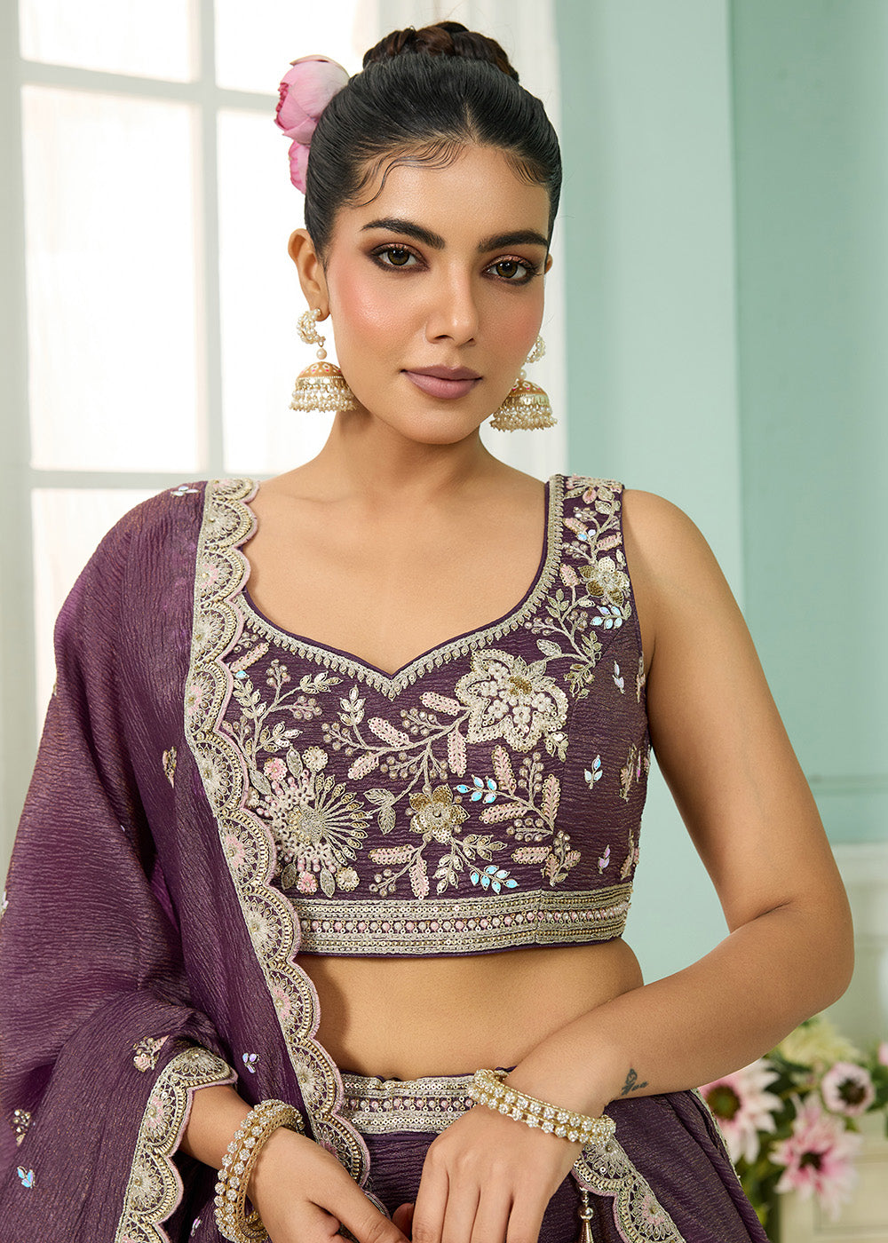 Buy Now Designer Purple Wedding Style Tissue Lehenga Choli Online in US, UK, Canada, France, Italy, Germany, Sweden, Denmark, Greece, UAE & Worldwide at Empress.