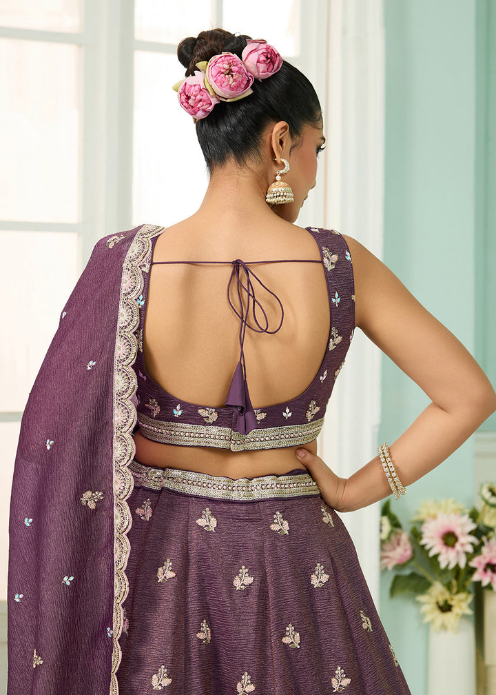 Buy Now Designer Purple Wedding Style Tissue Lehenga Choli Online in US, UK, Canada, France, Italy, Germany, Sweden, Denmark, Greece, UAE & Worldwide at Empress.