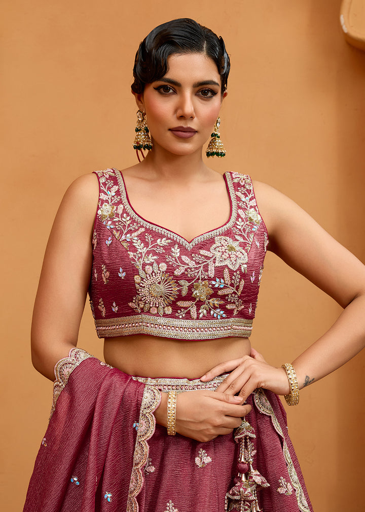 Buy Now Designer Rose Gold Wedding Style Tissue Lehenga Choli Online in US, UK, Canada, France, Italy, Germany, Sweden, Denmark, Greece & Worldwide at Empress.