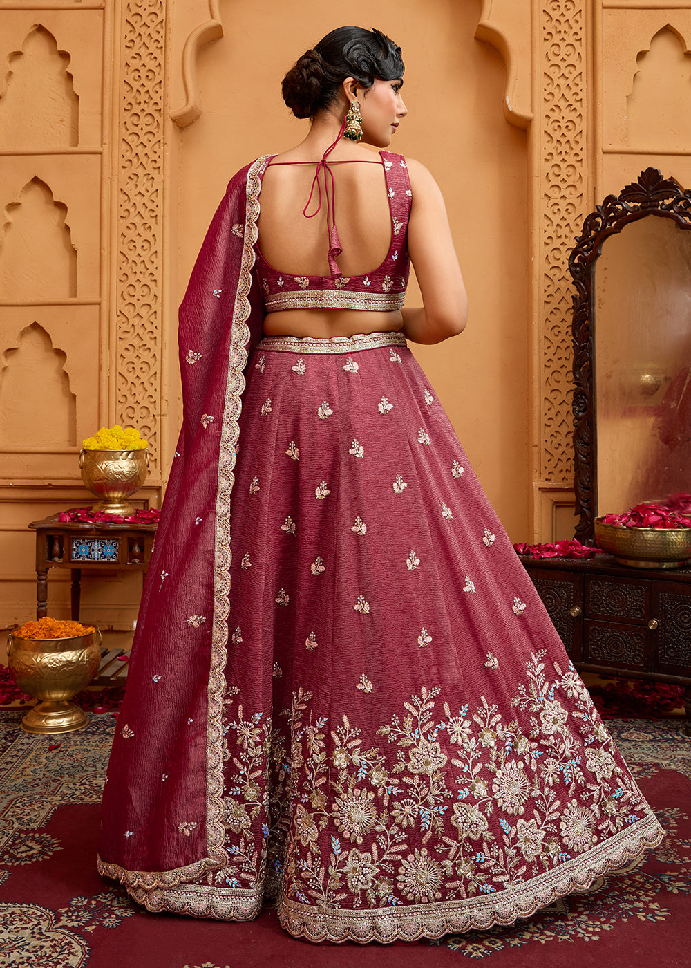 Buy Now Designer Rose Gold Wedding Style Tissue Lehenga Choli Online in US, UK, Canada, France, Italy, Germany, Sweden, Denmark, Greece & Worldwide at Empress.