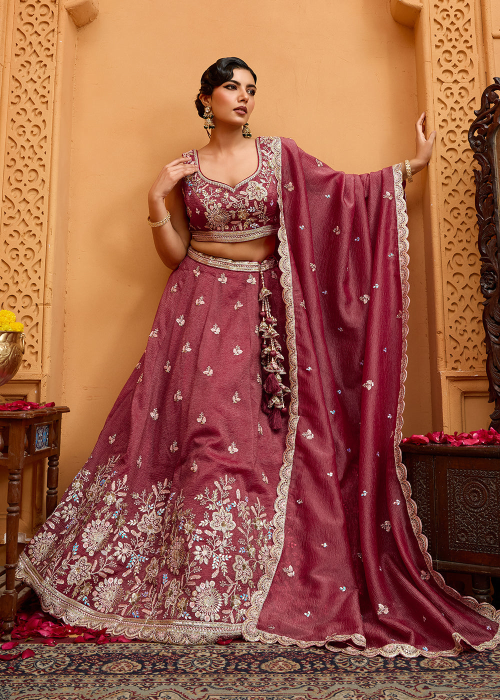 Buy Now Designer Rose Gold Wedding Style Tissue Lehenga Choli Online in US, UK, Canada, France, Italy, Germany, Sweden, Denmark, Greece & Worldwide at Empress.