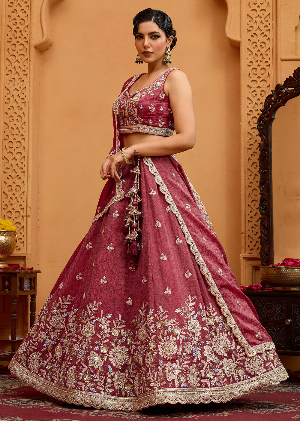 Buy Now Designer Rose Gold Wedding Style Tissue Lehenga Choli Online in US, UK, Canada, France, Italy, Germany, Sweden, Denmark, Greece & Worldwide at Empress.