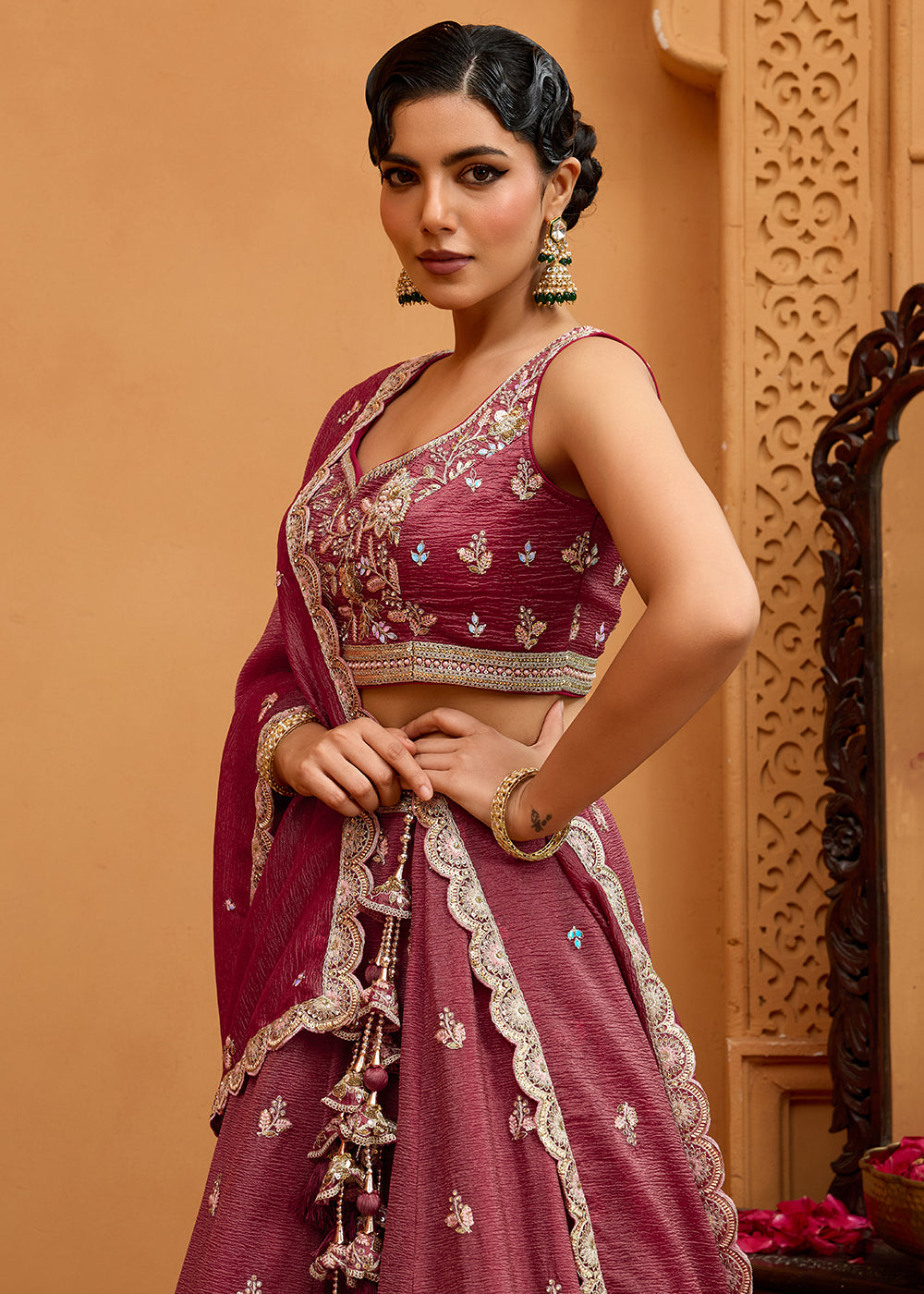 Buy Now Designer Rose Gold Wedding Style Tissue Lehenga Choli Online in US, UK, Canada, France, Italy, Germany, Sweden, Denmark, Greece & Worldwide at Empress.