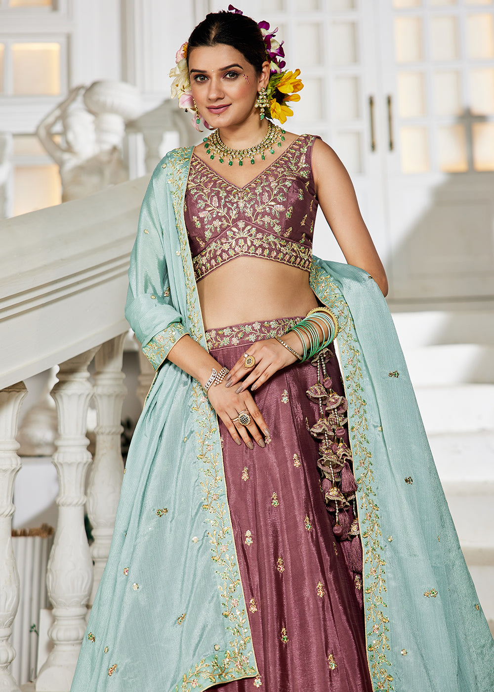 Buy Now Rose Gold Sequins & Cording Work Wedding Lehenga Choli Online in USA, UK, Canada, France, Italy, Germany, Australia & Worldwide at Empress Clothing.