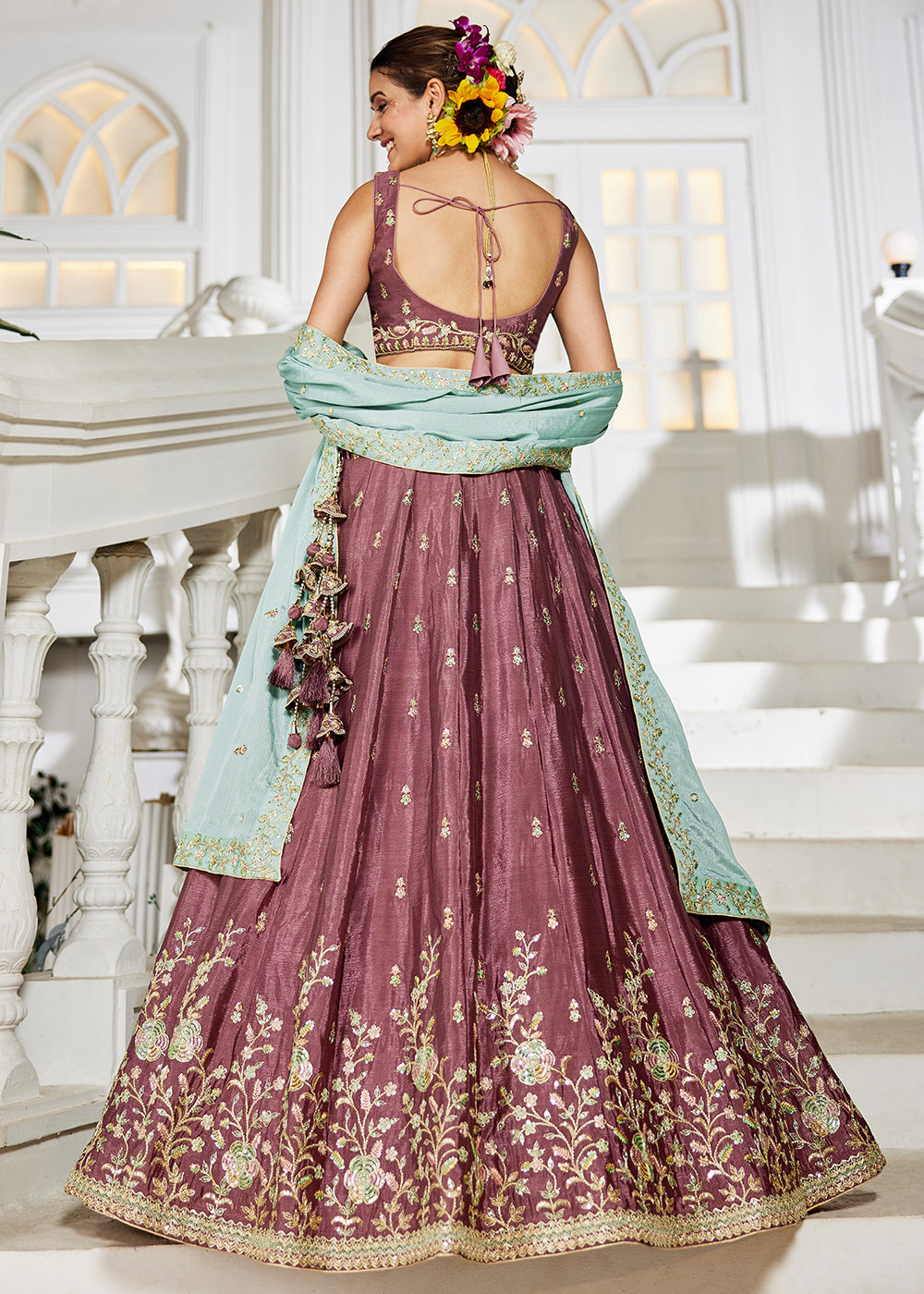 Buy Now Rose Gold Sequins & Cording Work Wedding Lehenga Choli Online in USA, UK, Canada, France, Italy, Germany, Australia & Worldwide at Empress Clothing.