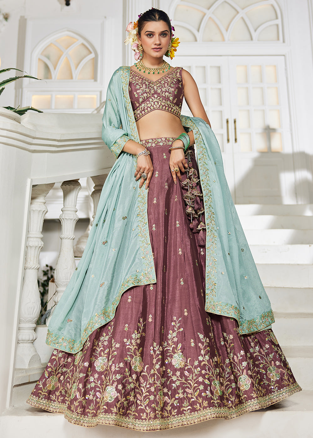 Buy Now Rose Gold Sequins & Cording Work Wedding Lehenga Choli Online in USA, UK, Canada, France, Italy, Germany, Australia & Worldwide at Empress Clothing.
