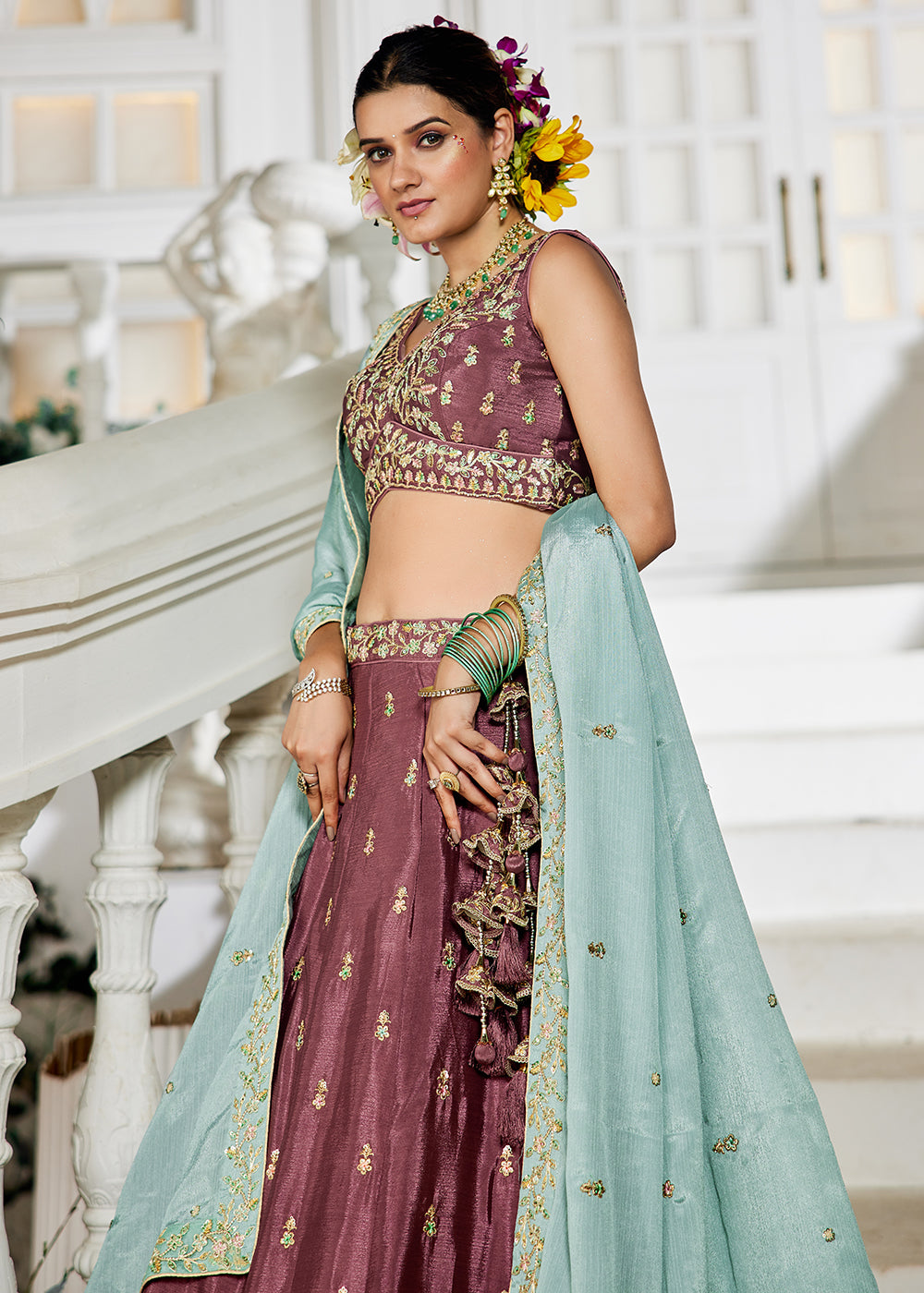 Buy Now Rose Gold Sequins & Cording Work Wedding Lehenga Choli Online in USA, UK, Canada, France, Italy, Germany, Australia & Worldwide at Empress Clothing.