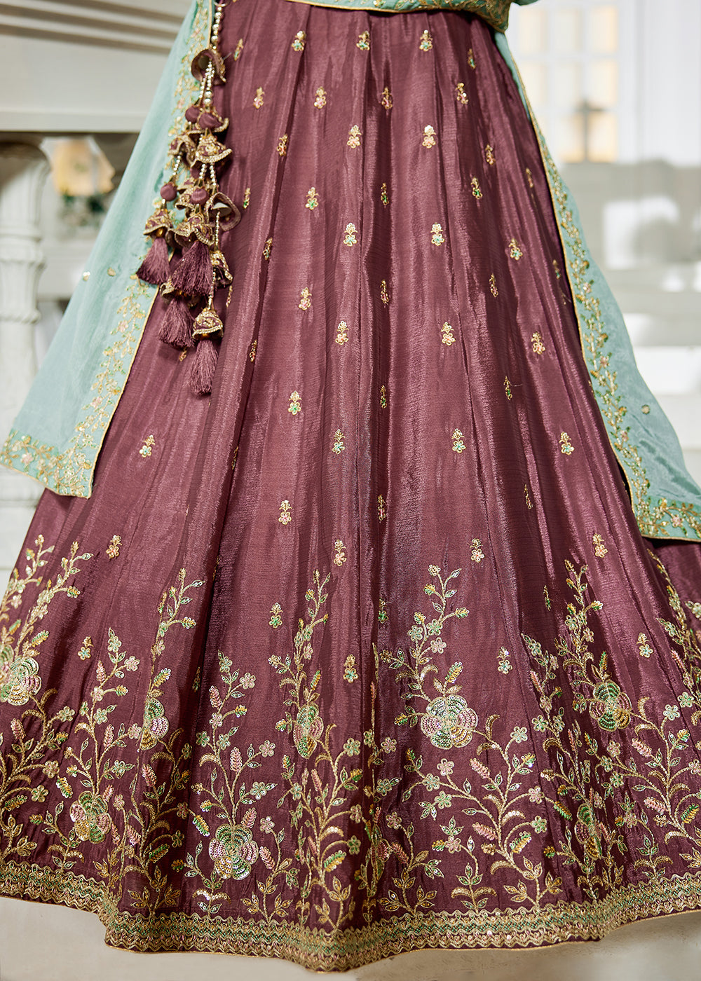 Buy Now Rose Gold Sequins & Cording Work Wedding Lehenga Choli Online in USA, UK, Canada, France, Italy, Germany, Australia & Worldwide at Empress Clothing.