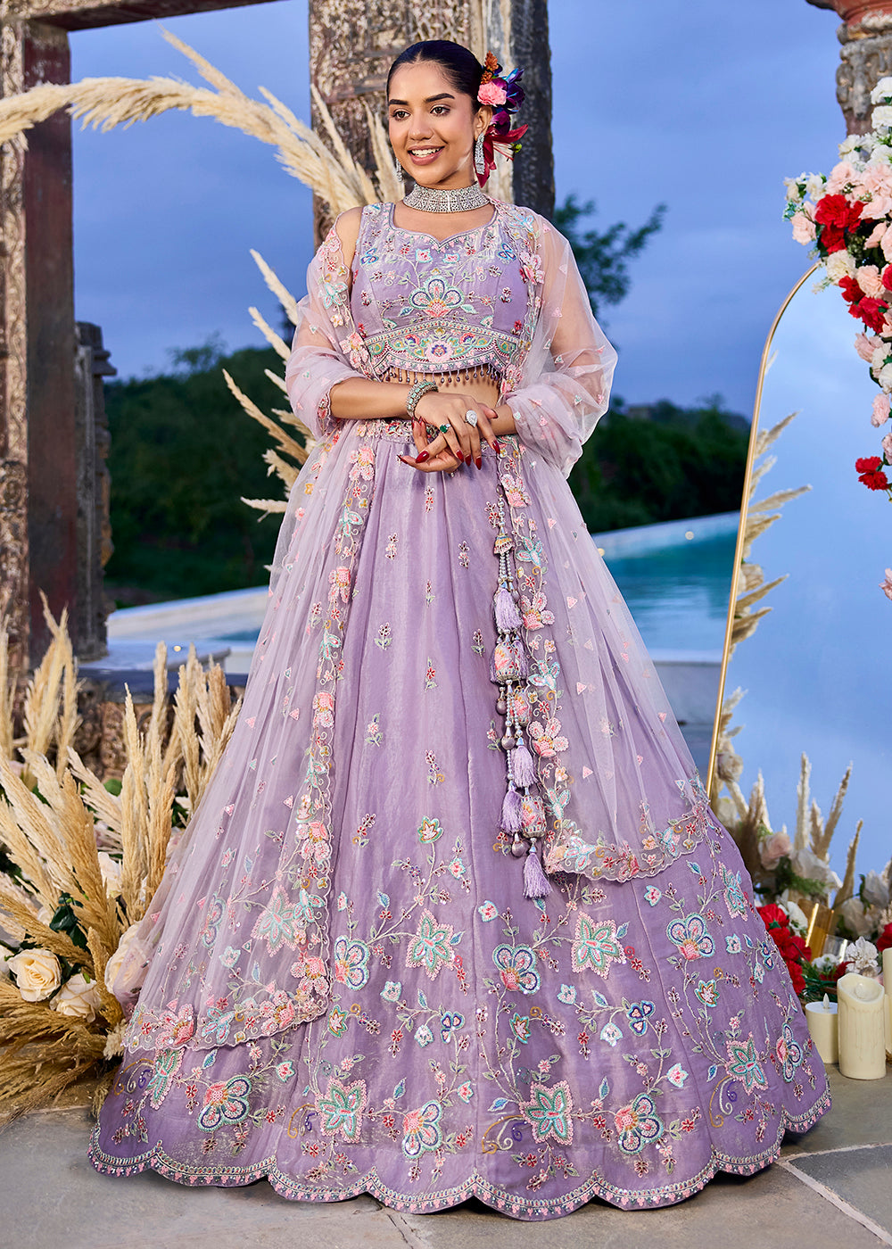 Buy Now Lavender Satin Silk Sequins & Cording Wedding Lehenga Choli Online in US, UK, Canada, France, Italy, Germany, Austria, Denmark & Worldwide at Empress.