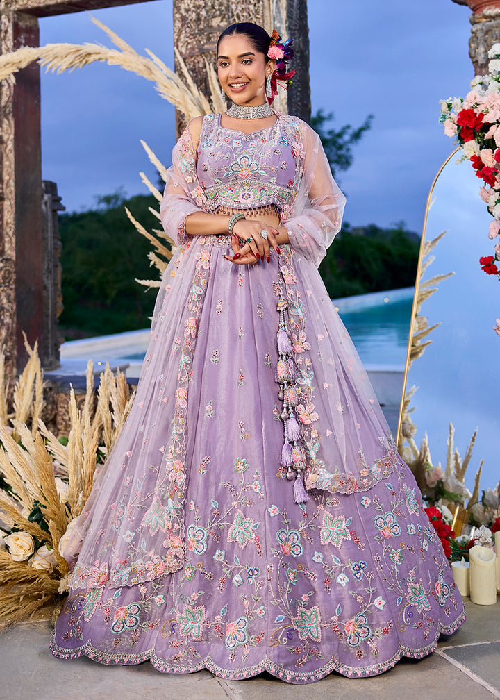 Buy Now Lavender Satin Silk Sequins & Cording Wedding Lehenga Choli Online in US, UK, Canada, France, Italy, Germany, Austria, Denmark & Worldwide at Empress.