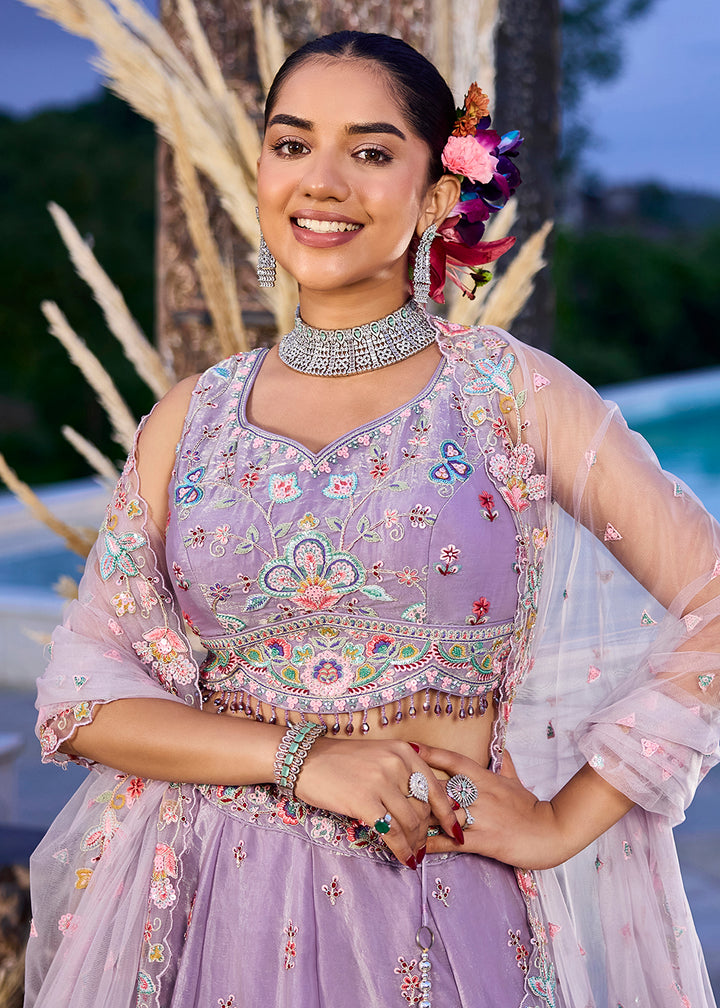 Buy Now Lavender Satin Silk Sequins & Cording Wedding Lehenga Choli Online in US, UK, Canada, France, Italy, Germany, Austria, Denmark & Worldwide at Empress.