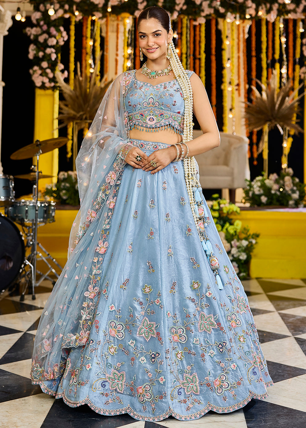 Buy Now Sky Blue Satin Silk Sequins & Cording Wedding Lehenga Choli Online in US, UK, Canada, France, Italy, Germany, Austria, Denmark & Worldwide at Empress.