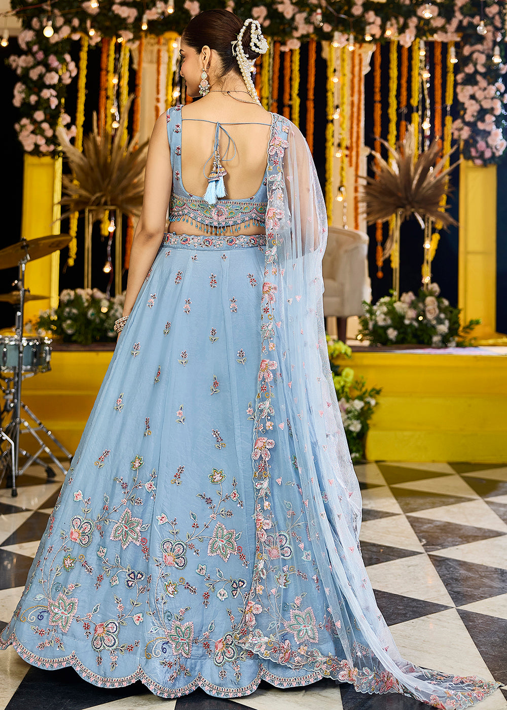 Buy Now Sky Blue Satin Silk Sequins & Cording Wedding Lehenga Choli Online in US, UK, Canada, France, Italy, Germany, Austria, Denmark & Worldwide at Empress.