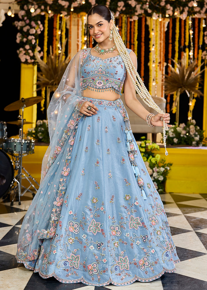 Buy Now Sky Blue Satin Silk Sequins & Cording Wedding Lehenga Choli Online in US, UK, Canada, France, Italy, Germany, Austria, Denmark & Worldwide at Empress.