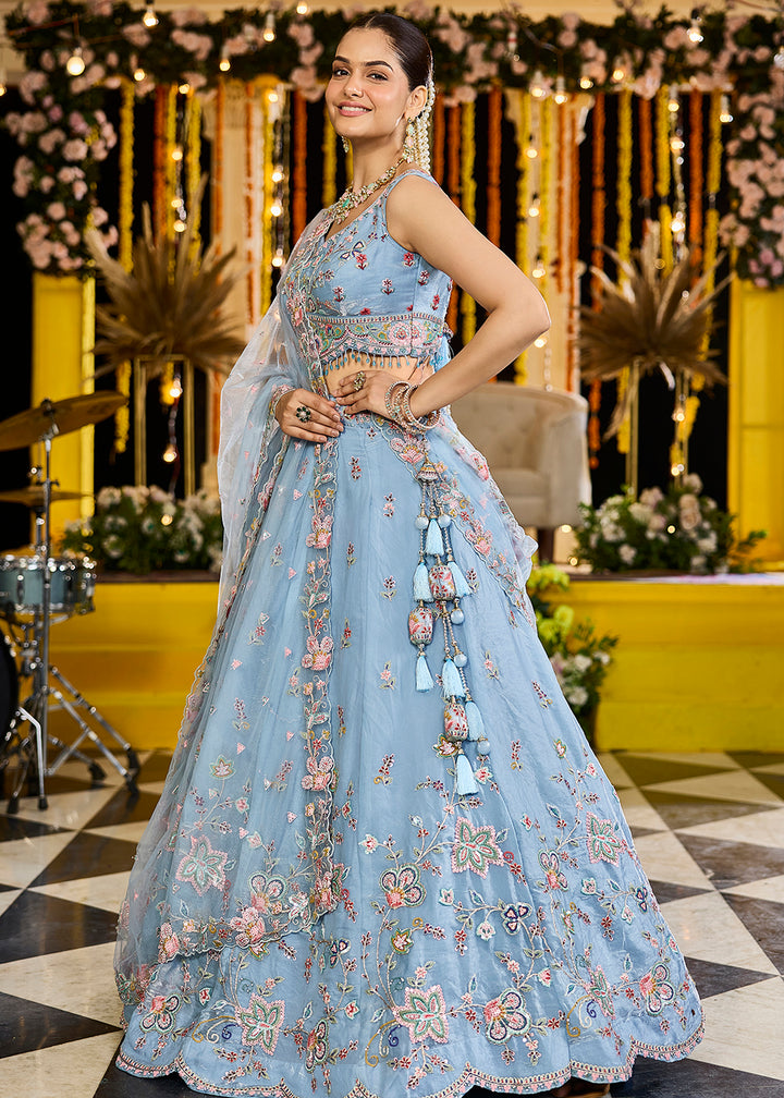 Buy Now Sky Blue Satin Silk Sequins & Cording Wedding Lehenga Choli Online in US, UK, Canada, France, Italy, Germany, Austria, Denmark & Worldwide at Empress.