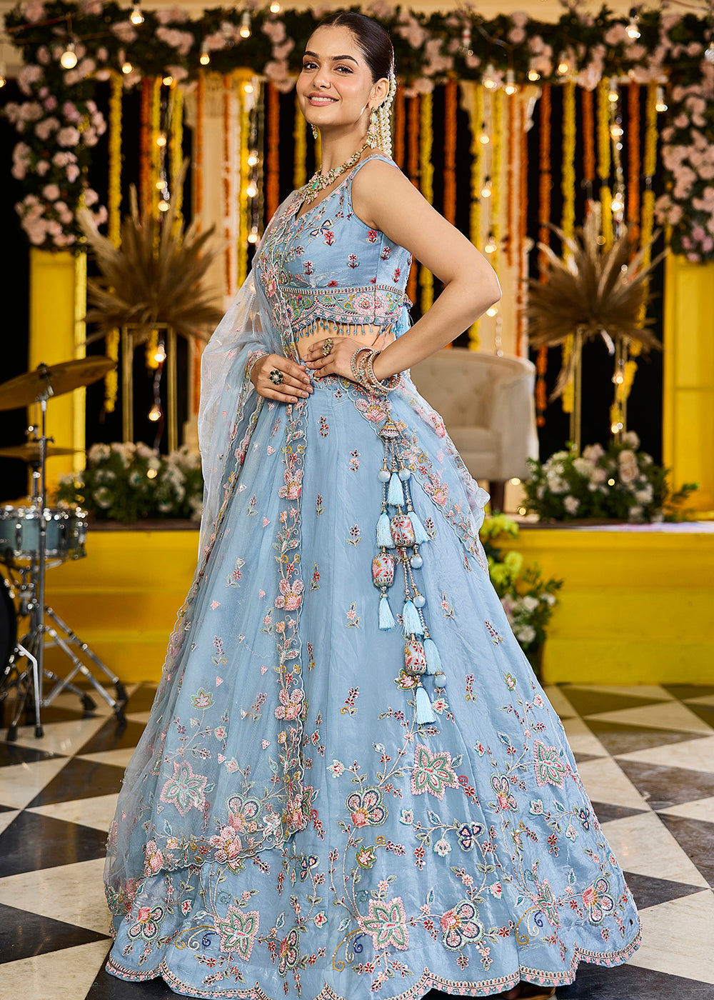 Sky Blue Satin Silk Sequins & Cording Wedding Lehenga Choli