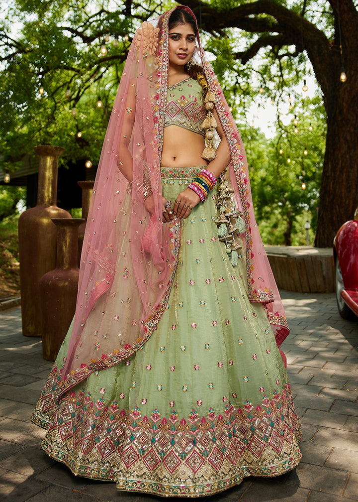 Buy Now Lime Green Cording Embroidery Designer Lehenga Choli Online in USA, UK, Canada, France, Italy, Germany, Denmark, Qatar & Worldwide at Empress Clothing