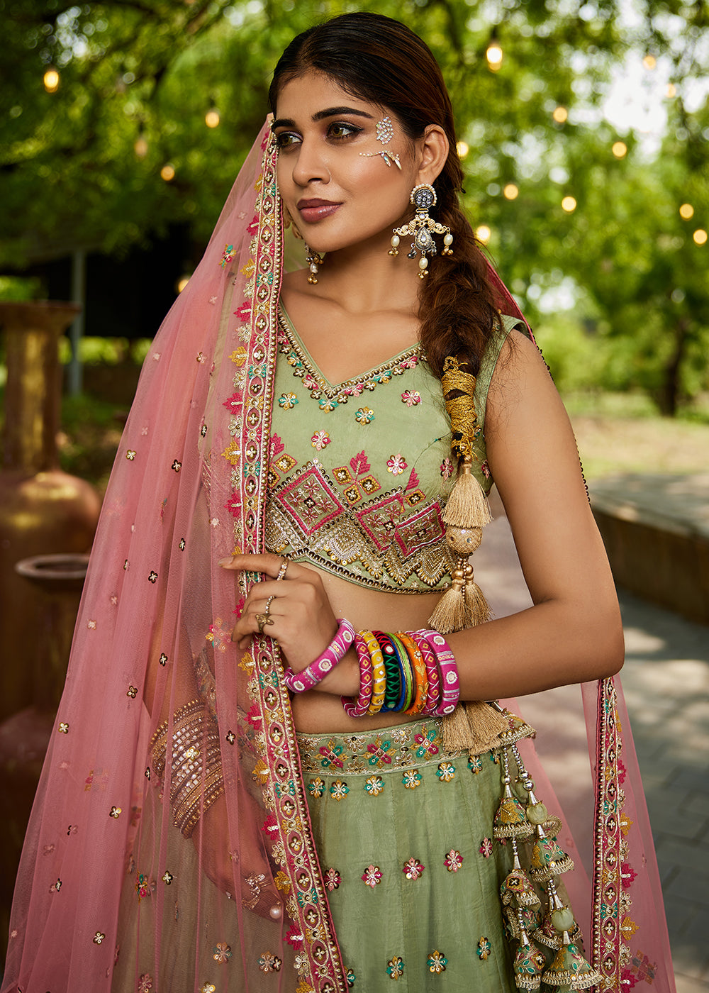 Buy Now Lime Green Cording Embroidery Designer Lehenga Choli Online in USA, UK, Canada, France, Italy, Germany, Denmark, Qatar & Worldwide at Empress Clothing