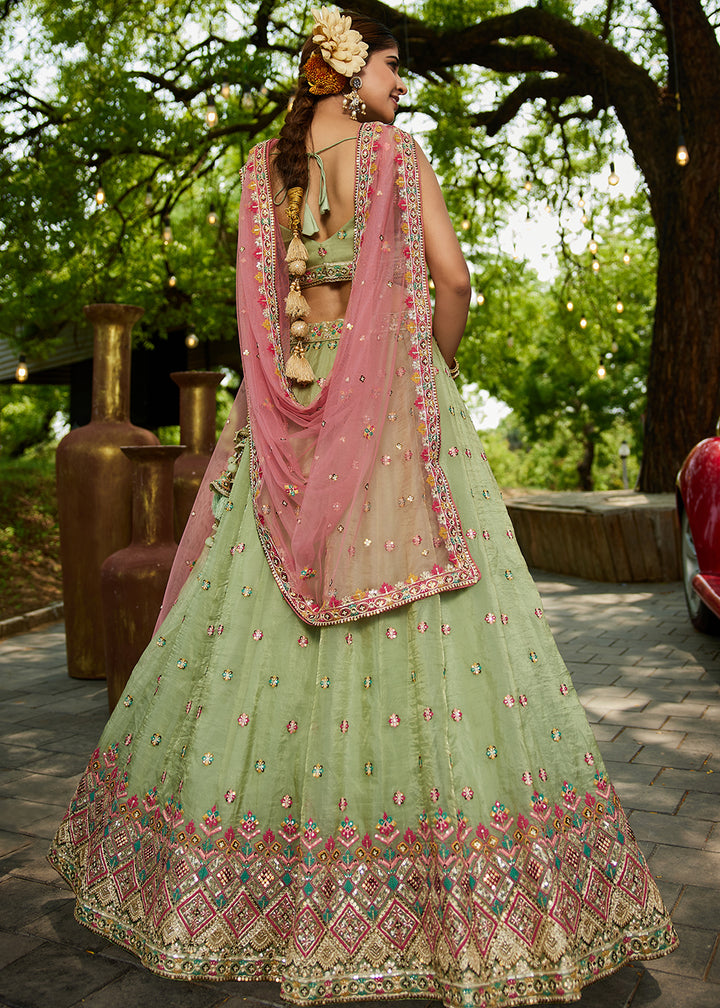 Buy Now Lime Green Cording Embroidery Designer Lehenga Choli Online in USA, UK, Canada, France, Italy, Germany, Denmark, Qatar & Worldwide at Empress Clothing