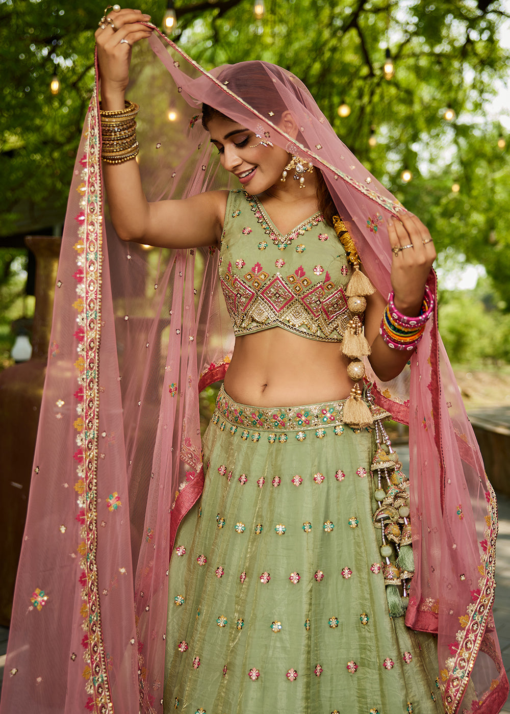 Buy Now Lime Green Cording Embroidery Designer Lehenga Choli Online in USA, UK, Canada, France, Italy, Germany, Denmark, Qatar & Worldwide at Empress Clothing