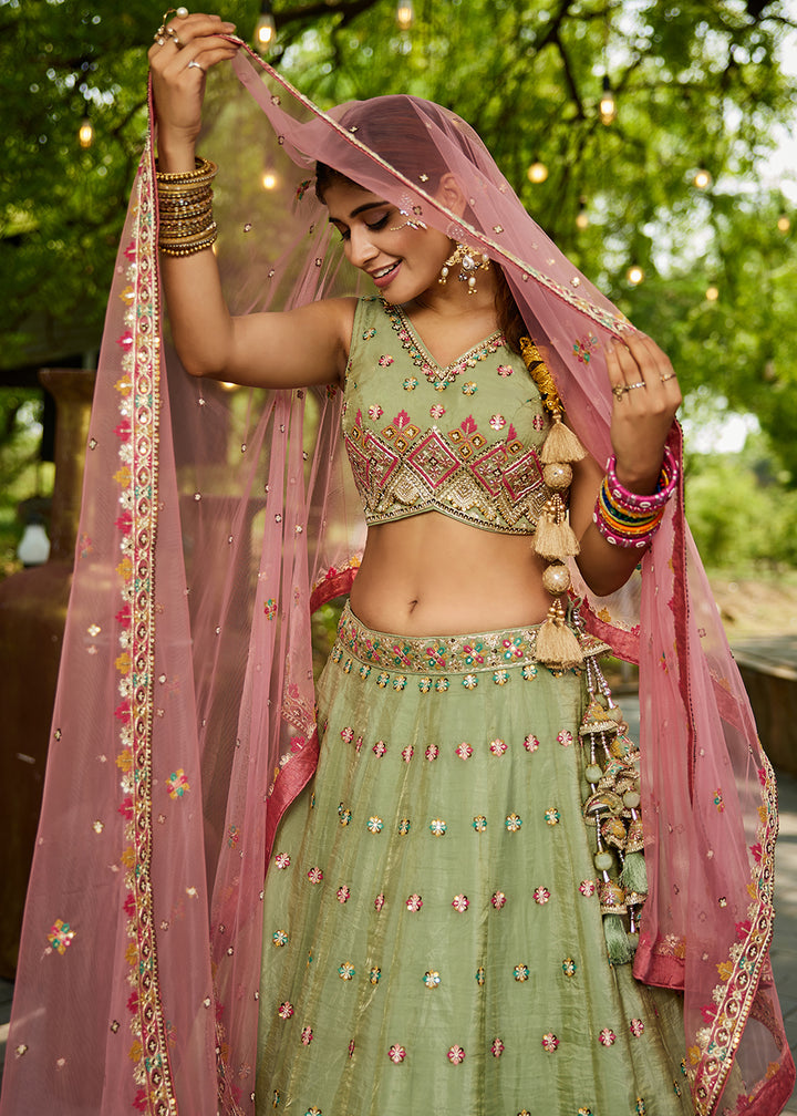 Buy Now Lime Green Cording Embroidery Designer Lehenga Choli Online in USA, UK, Canada, France, Italy, Germany, Denmark, Qatar & Worldwide at Empress Clothing