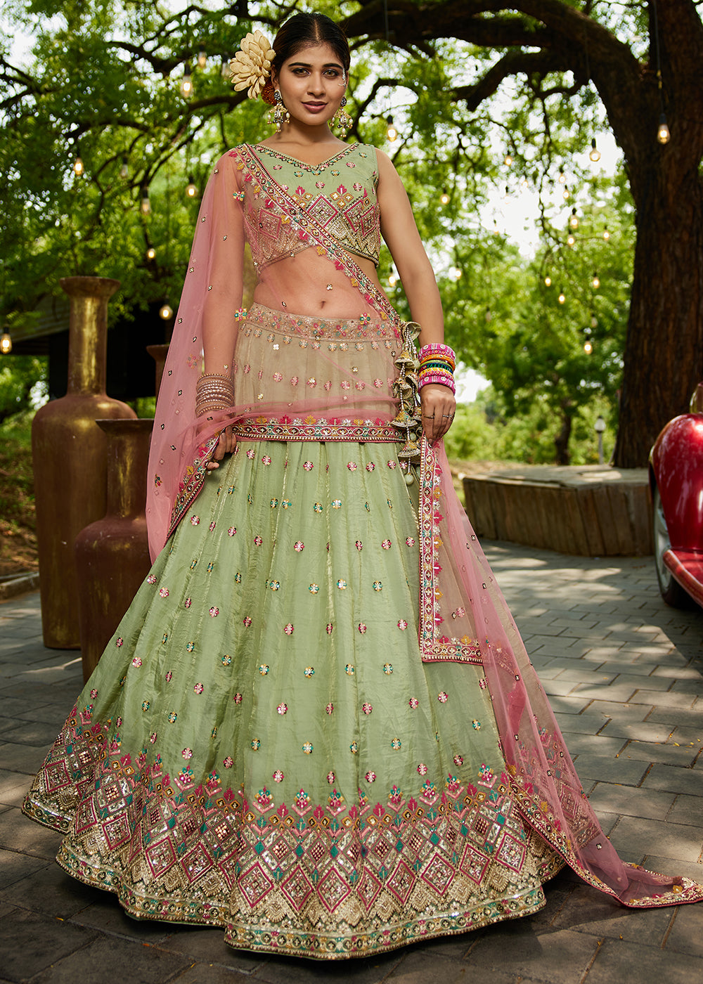 Buy Now Lime Green Cording Embroidery Designer Lehenga Choli Online in USA, UK, Canada, France, Italy, Germany, Denmark, Qatar & Worldwide at Empress Clothing