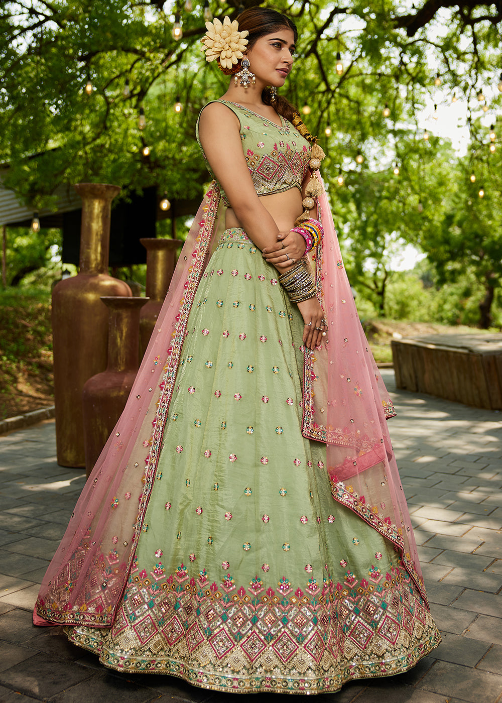 Buy Now Lime Green Cording Embroidery Designer Lehenga Choli Online in USA, UK, Canada, France, Italy, Germany, Denmark, Qatar & Worldwide at Empress Clothing