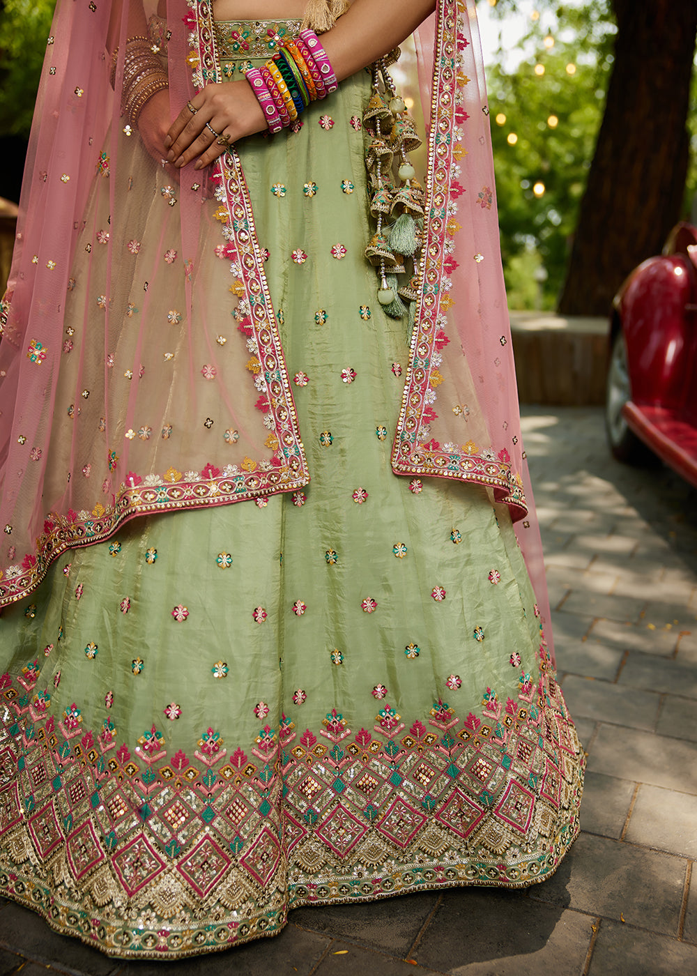 Buy Now Lime Green Cording Embroidery Designer Lehenga Choli Online in USA, UK, Canada, France, Italy, Germany, Denmark, Qatar & Worldwide at Empress Clothing