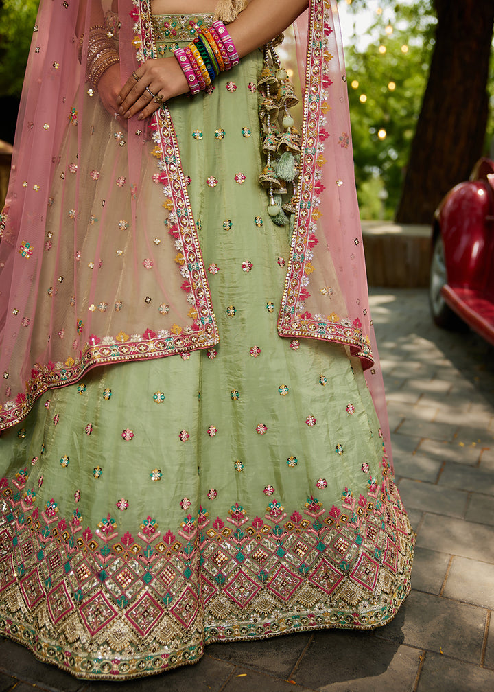 Buy Now Lime Green Cording Embroidery Designer Lehenga Choli Online in USA, UK, Canada, France, Italy, Germany, Denmark, Qatar & Worldwide at Empress Clothing