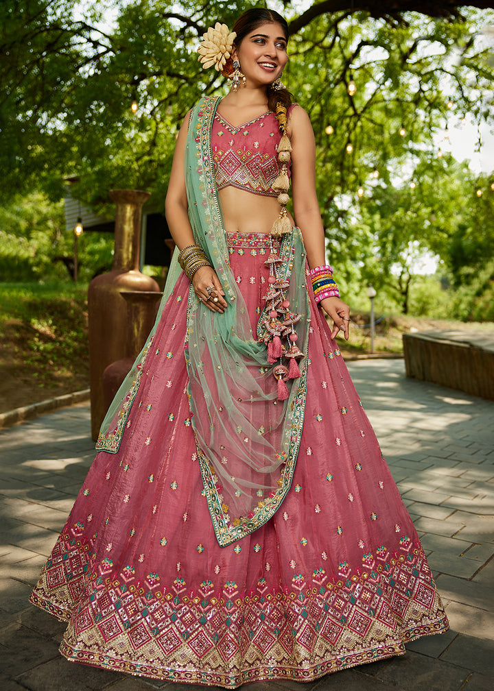 Buy Now Pink Cording Embroidery Designer Lehenga Choli Online in USA, UK, Canada, France, Italy, Germany, Denmark, Qatar, UAE & Worldwide at Empress Clothing.