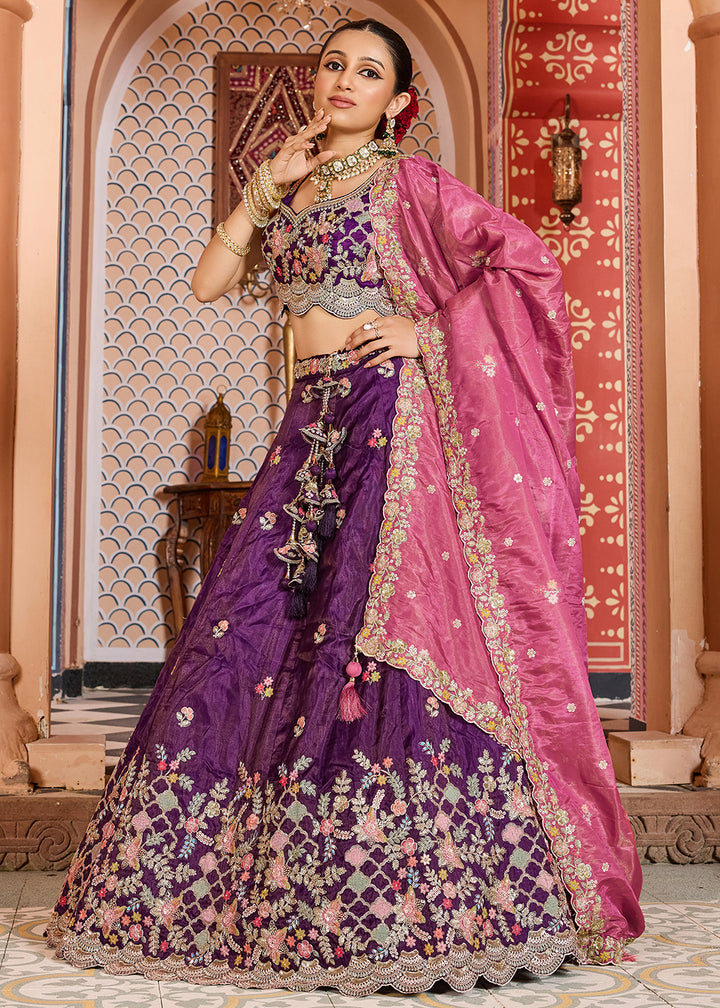 Buy Now Purple Tissue Embroidered Lehenga Choli with Pink Dupatta Online in US, UK, Canada, France, Italy, Germany, Sweden, Greece, UAE & Worldwide at Empress.