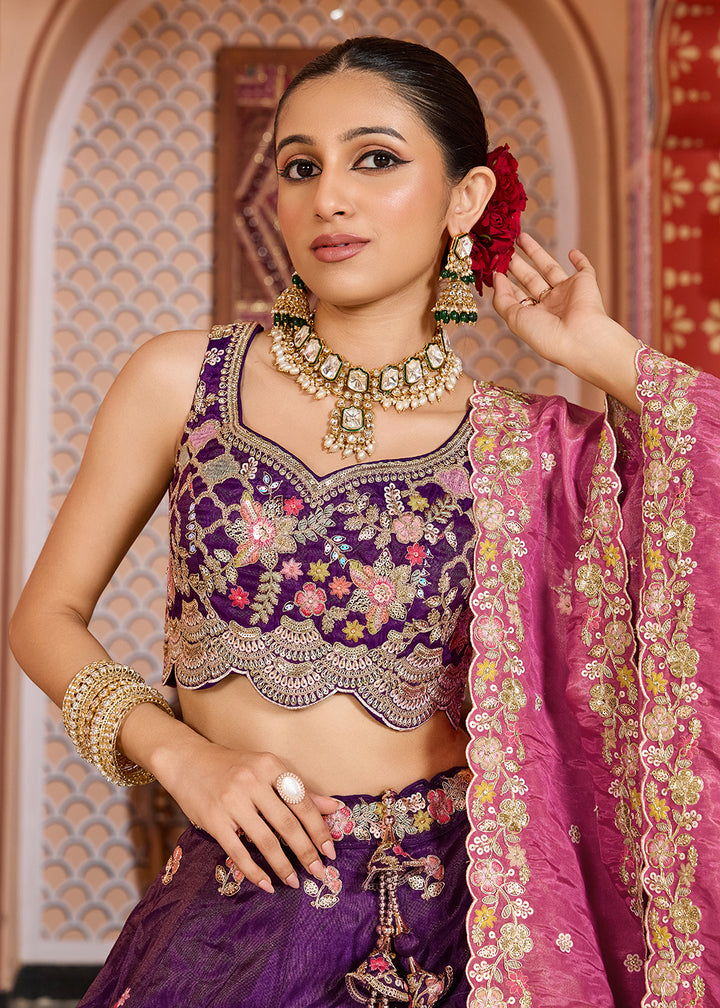 Buy Now Purple Tissue Embroidered Lehenga Choli with Pink Dupatta Online in US, UK, Canada, France, Italy, Germany, Sweden, Greece, UAE & Worldwide at Empress.