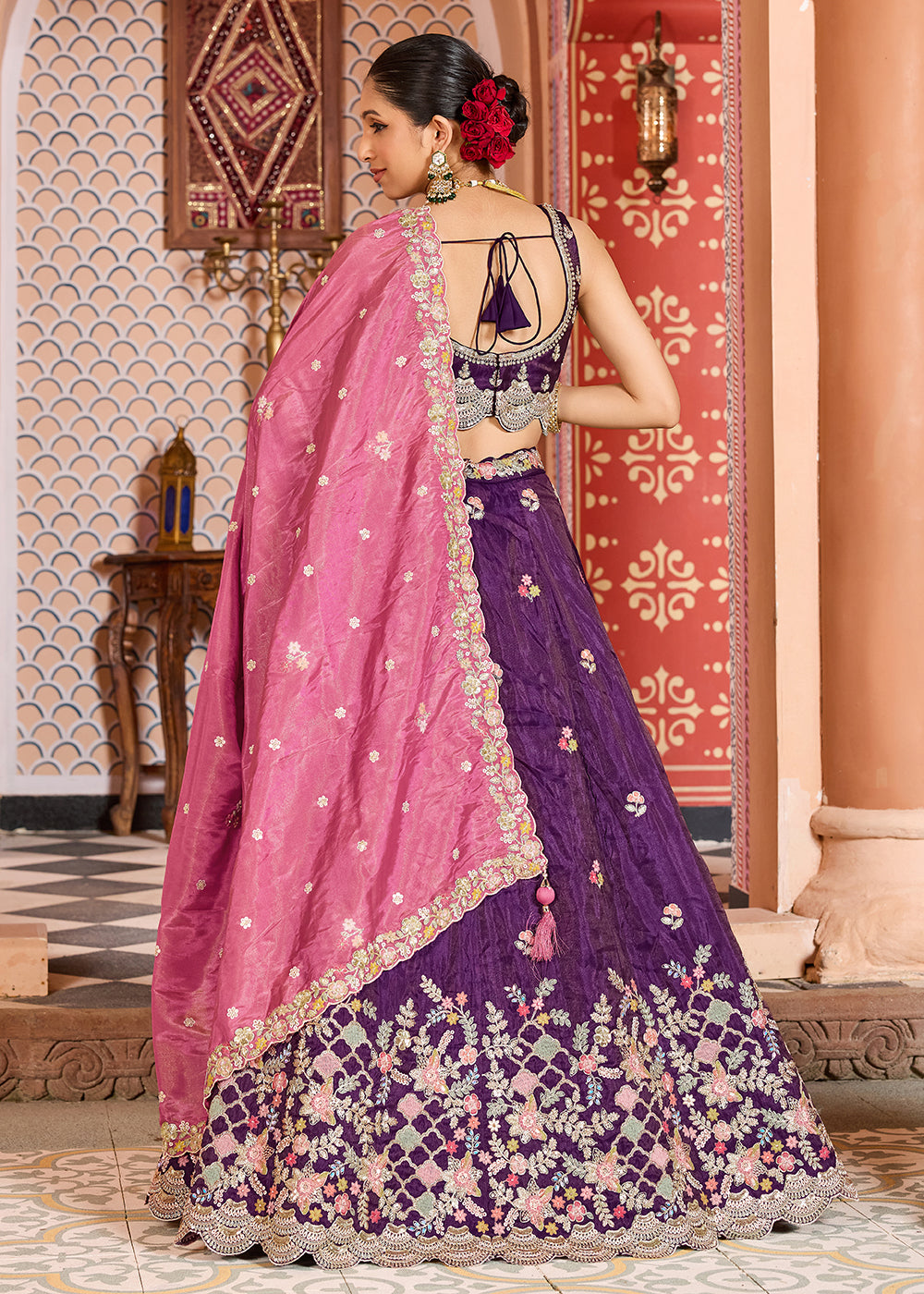 Buy Now Purple Tissue Embroidered Lehenga Choli with Pink Dupatta Online in US, UK, Canada, France, Italy, Germany, Sweden, Greece, UAE & Worldwide at Empress.