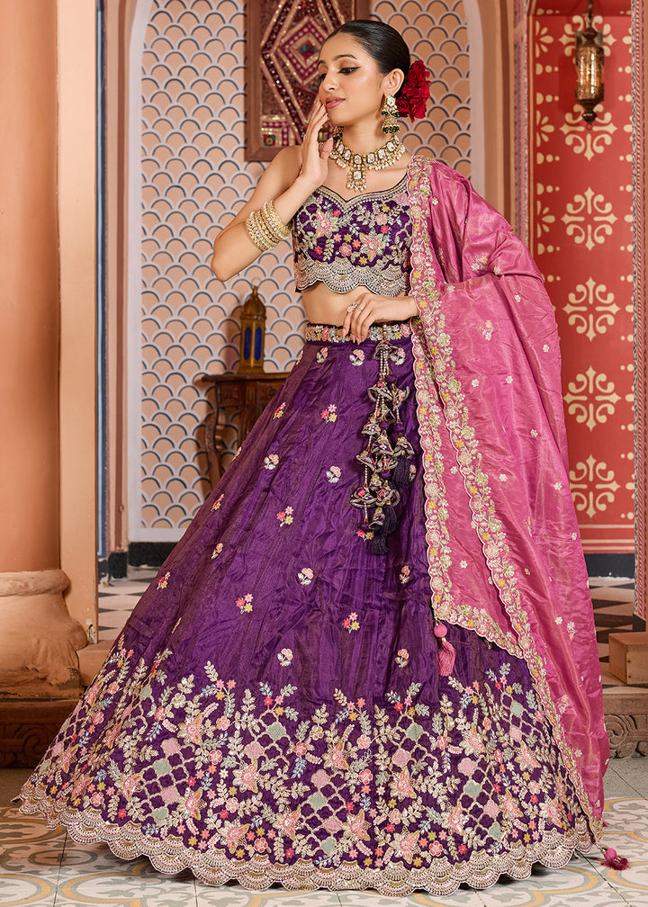 Buy Now Purple Tissue Embroidered Lehenga Choli with Pink Dupatta Online in US, UK, Canada, France, Italy, Germany, Sweden, Greece, UAE & Worldwide at Empress.