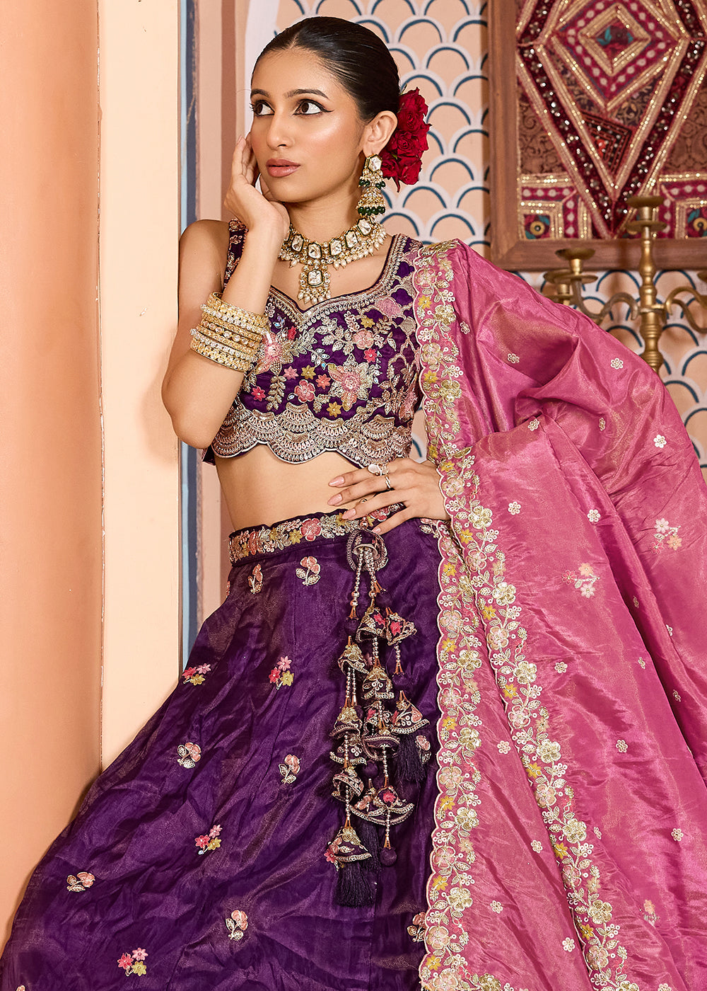 Buy Now Purple Tissue Embroidered Lehenga Choli with Pink Dupatta Online in US, UK, Canada, France, Italy, Germany, Sweden, Greece, UAE & Worldwide at Empress.