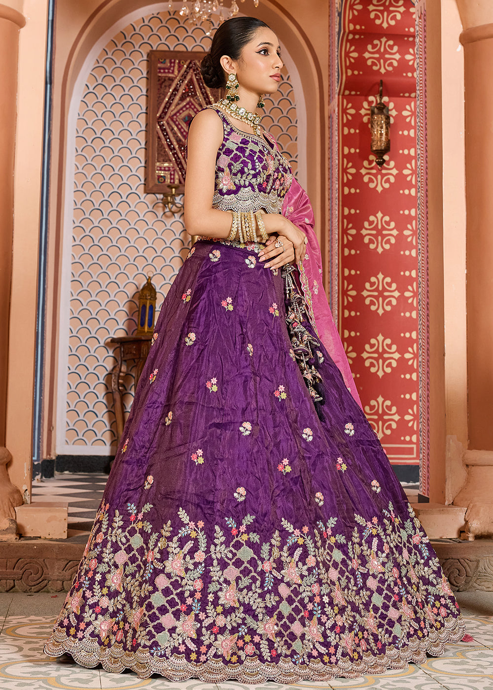 Buy Now Purple Tissue Embroidered Lehenga Choli with Pink Dupatta Online in US, UK, Canada, France, Italy, Germany, Sweden, Greece, UAE & Worldwide at Empress.
