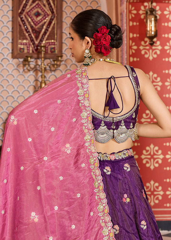 Buy Now Purple Tissue Embroidered Lehenga Choli with Pink Dupatta Online in US, UK, Canada, France, Italy, Germany, Sweden, Greece, UAE & Worldwide at Empress.