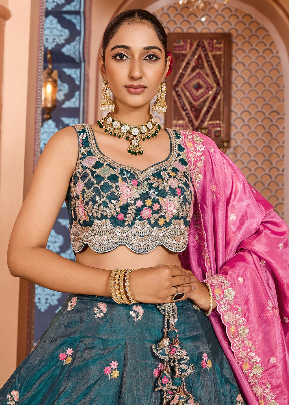 Buy Now Teal Tissue Embroidered Lehenga Choli with Pink Dupatta Online in US, UK, Canada, France, Italy, Germany, Sweden, Greece, UAE & Worldwide at Empress.